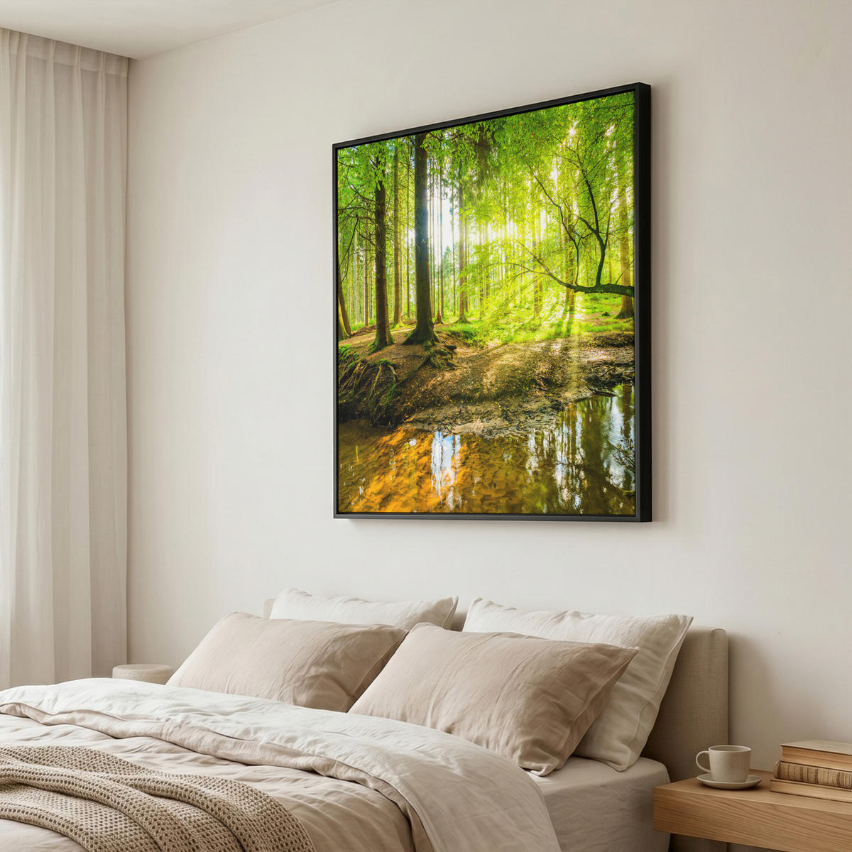 LEINWAND Bilder mit Rahmen - Wald - Landschaft - Wasser - Bäume - Sonne - Grün - Natur - 90x90 - Grün, Textil (90/90cm) - MuchoWow
