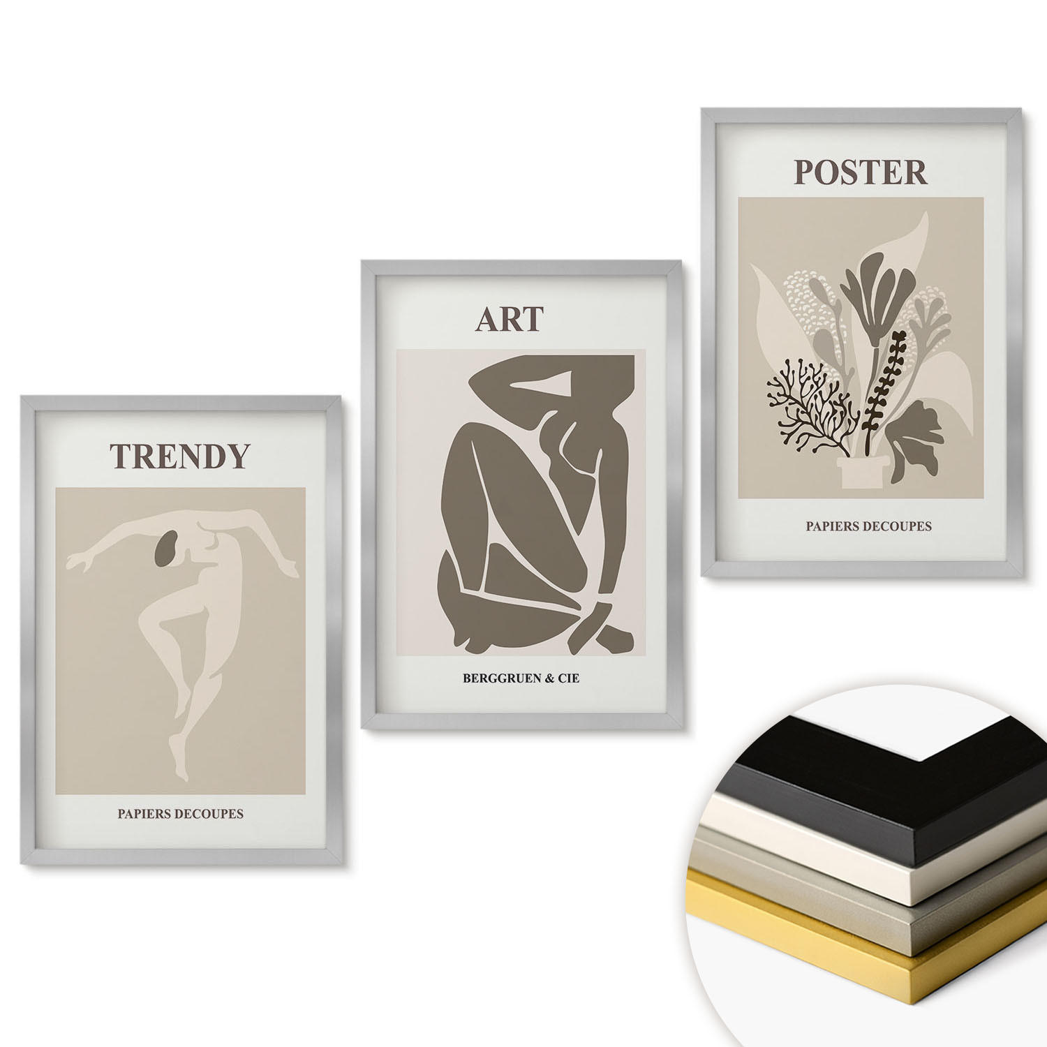 WANDBILDER 3er Set - 40x60 cm Silberner Rahmen - Matisses Pflanzenfiguren - Silberfarben, Kunststoff (40/60cm) - ArtPrintCave