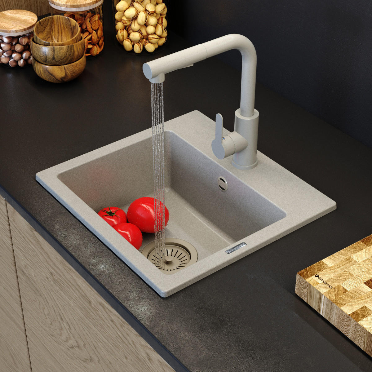 GRANITSPÜLE Teor mit Batterie Siphon - Beige, Kunststoff/Stein (42/17/46cm) - Granitan