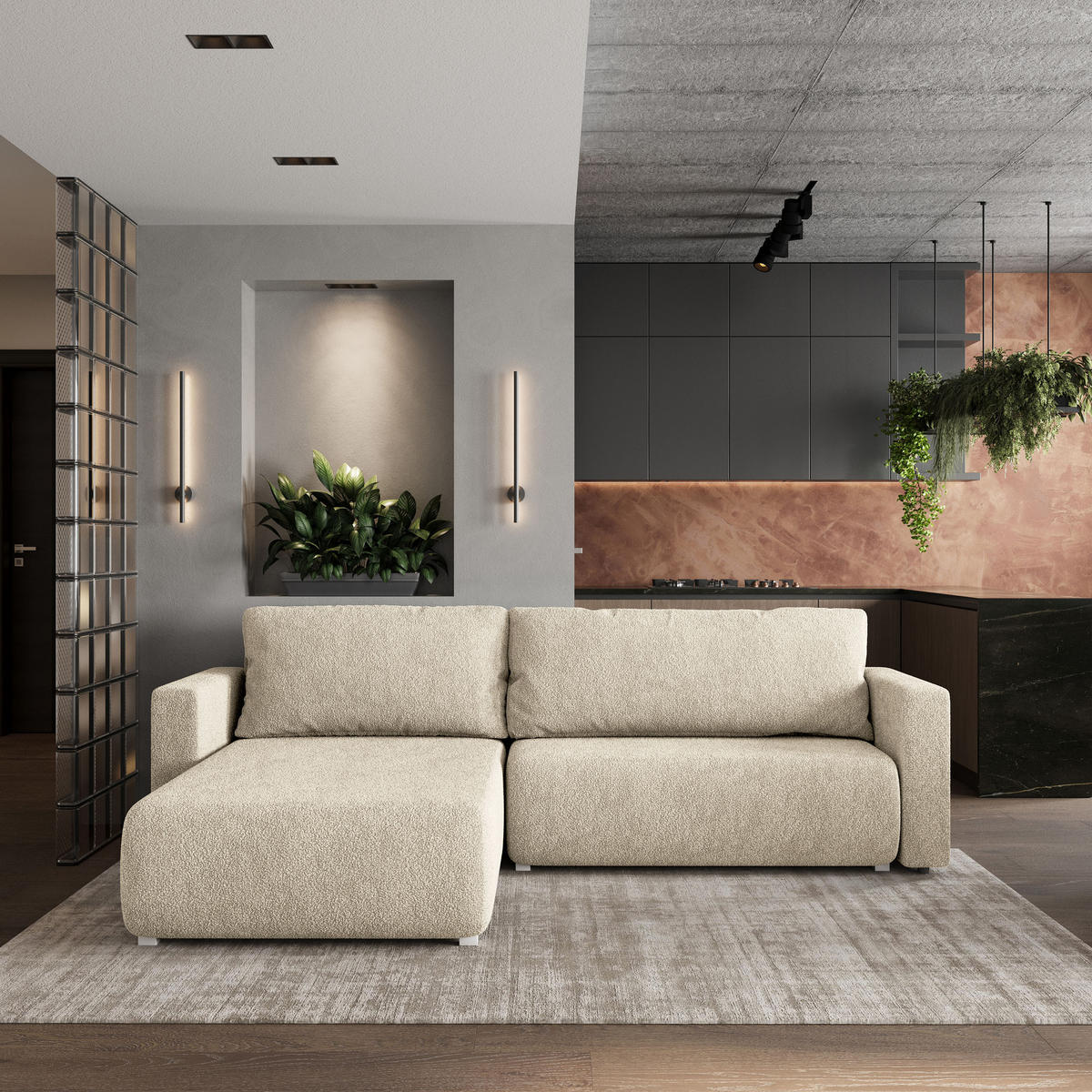 ROHOVÁ SEDAČKA TURIN krémová - šedá/krémová, dřevo/textil (265/183cm) - MASSENO