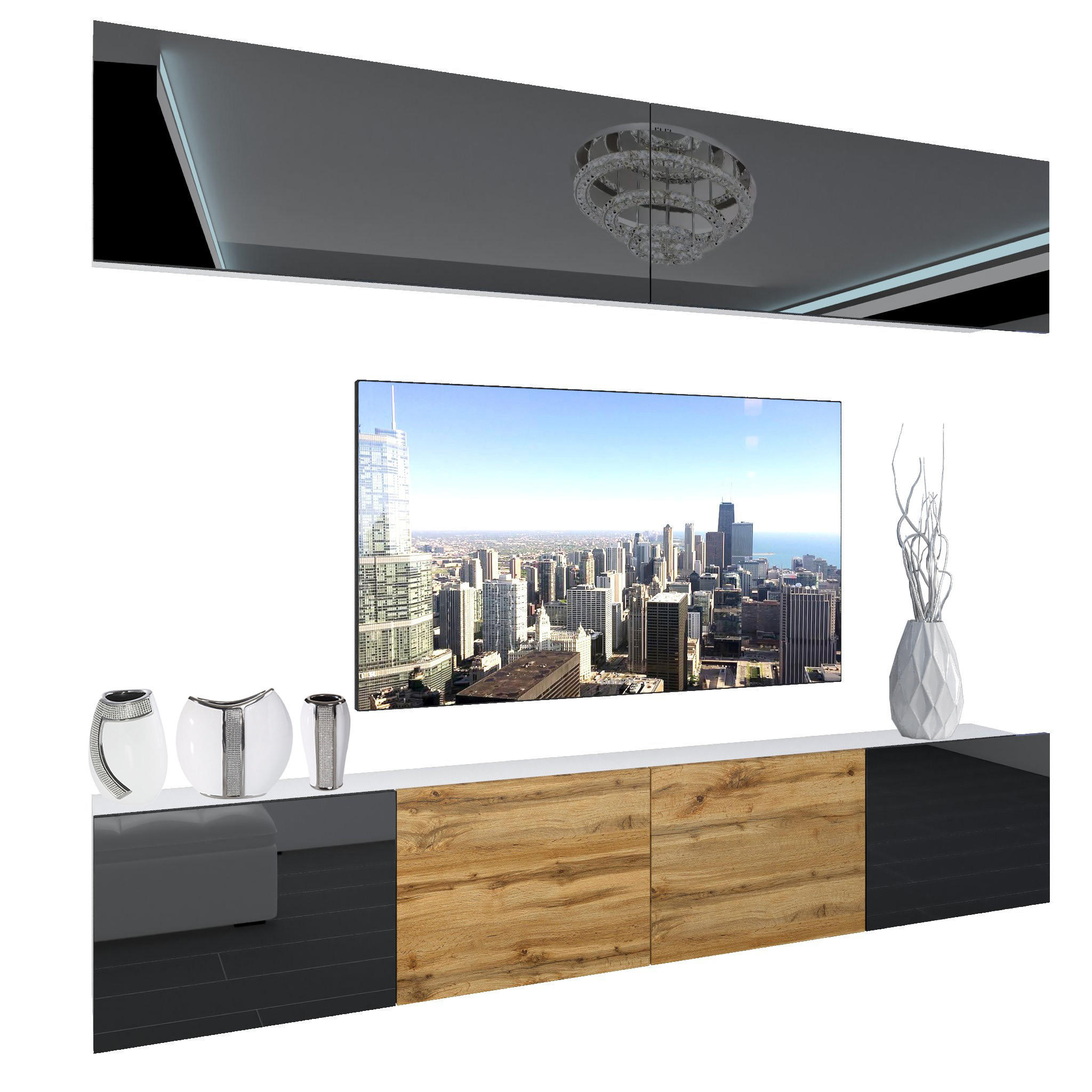 WOHNZIMMERWAND Schrankwand mit LED Schwarz / Eiche Wotan seiten Schwarz - Eiche Wotan/Schwarz, Holz (200/180/36cm) - B BELINI GROUP