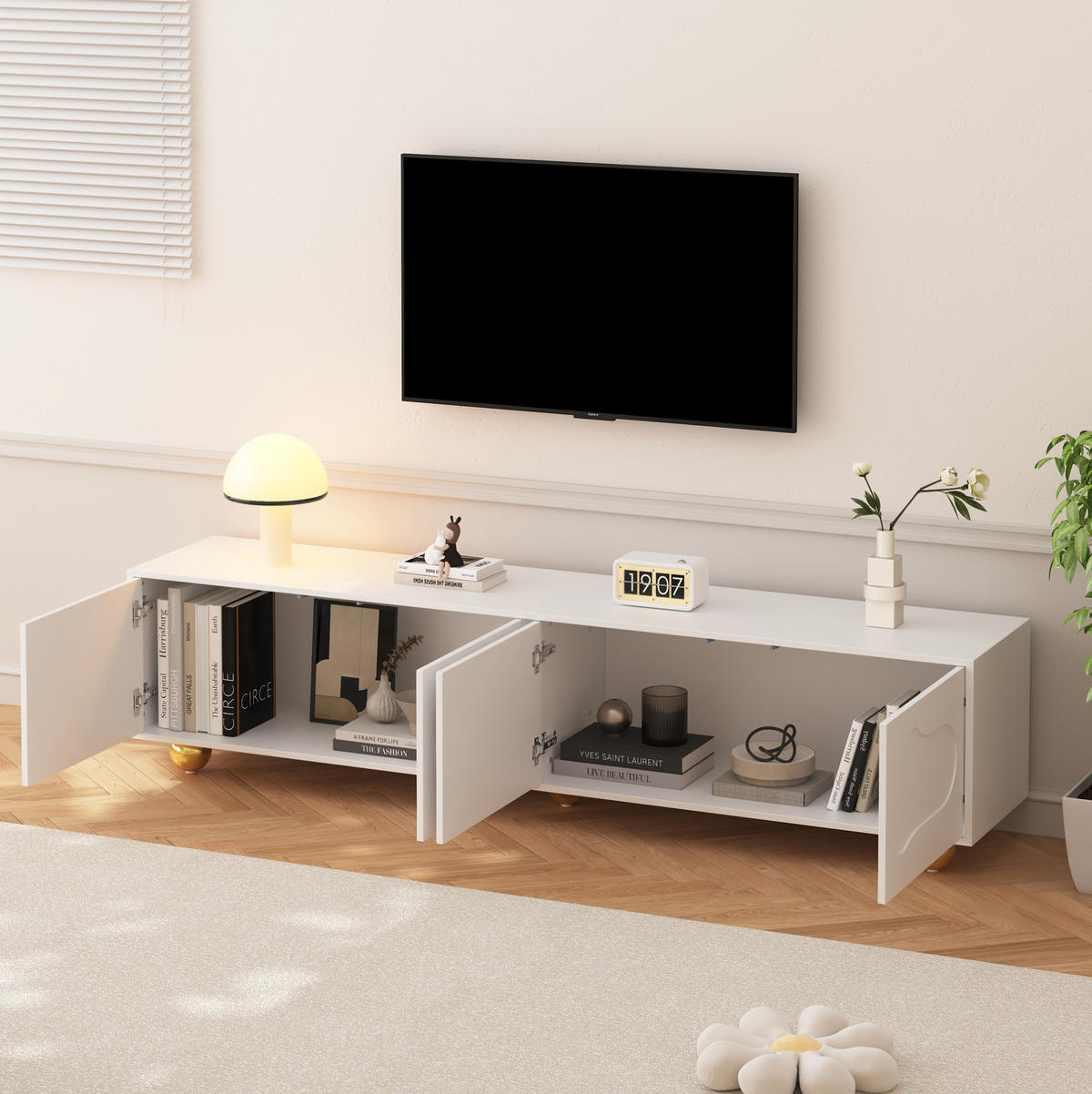 NISKA komoda 180/40/45 cm bijela s oblačić vratima i 2 ormarića - bijela, drvni materijal (180/45/40cm) - Flora Grace