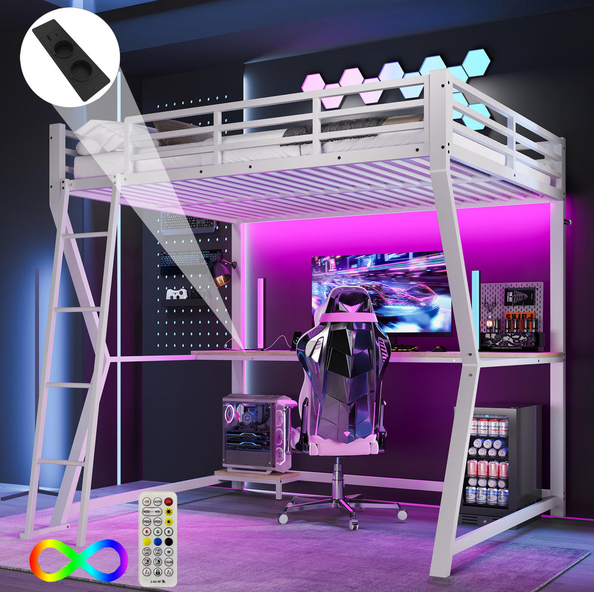 HOCHBETT mit Schreibtisch 140/200 cm in Weiß – mit Treppe, LED-Licht und USB - Weiß, Metall (140/200cm) - BEAOK