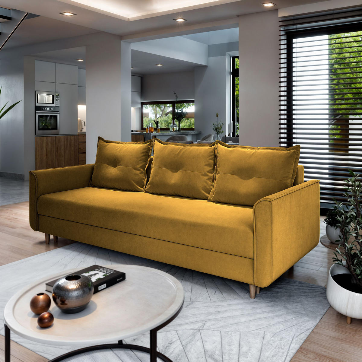BETTSOFA NAPOL Gelb Plüsch-Stoff mit Schlaffunktion - Gelb, Textil (220/93/87cm) - MASSENO