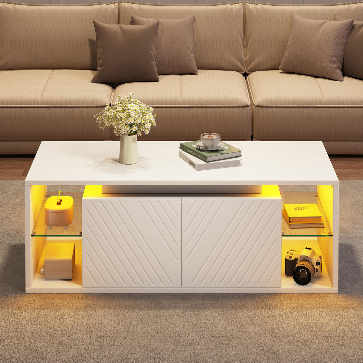 COUCHTISCH Weiß mit LED und 2 Türen 100/50/41 cm - Weiß, Holzwerkstoff (100/50/41cm)