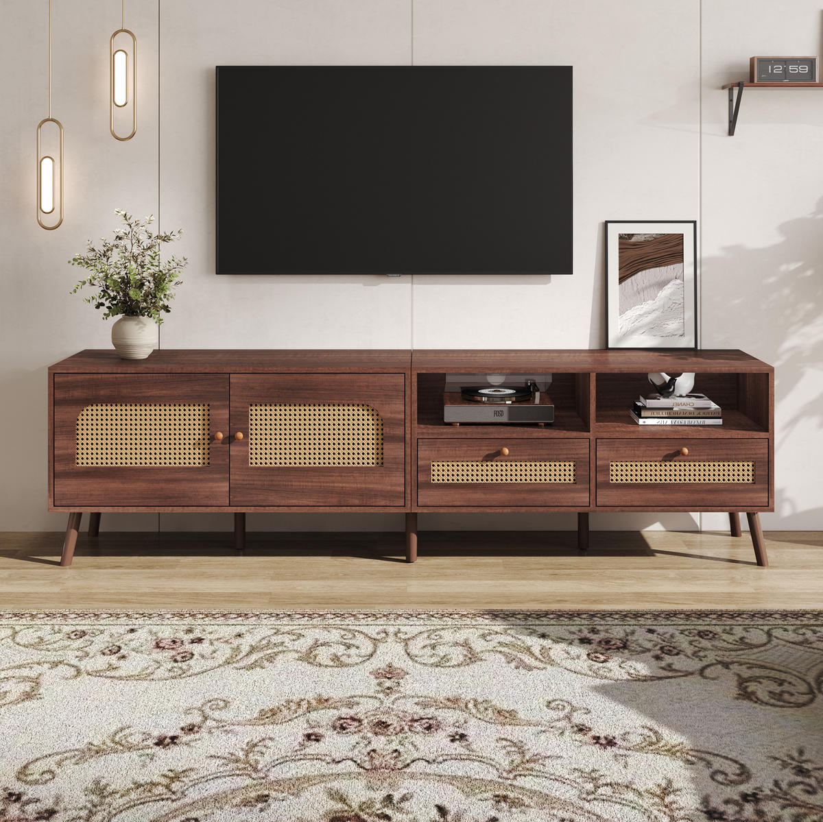 TV stolík 200/37/49,5 cm tmavohnedý z drevotriesky s ratanovými dvierkami a 2 zásuvkami - hnedá, kompozitné drevo (200/49.5/37cm) - OKWISH