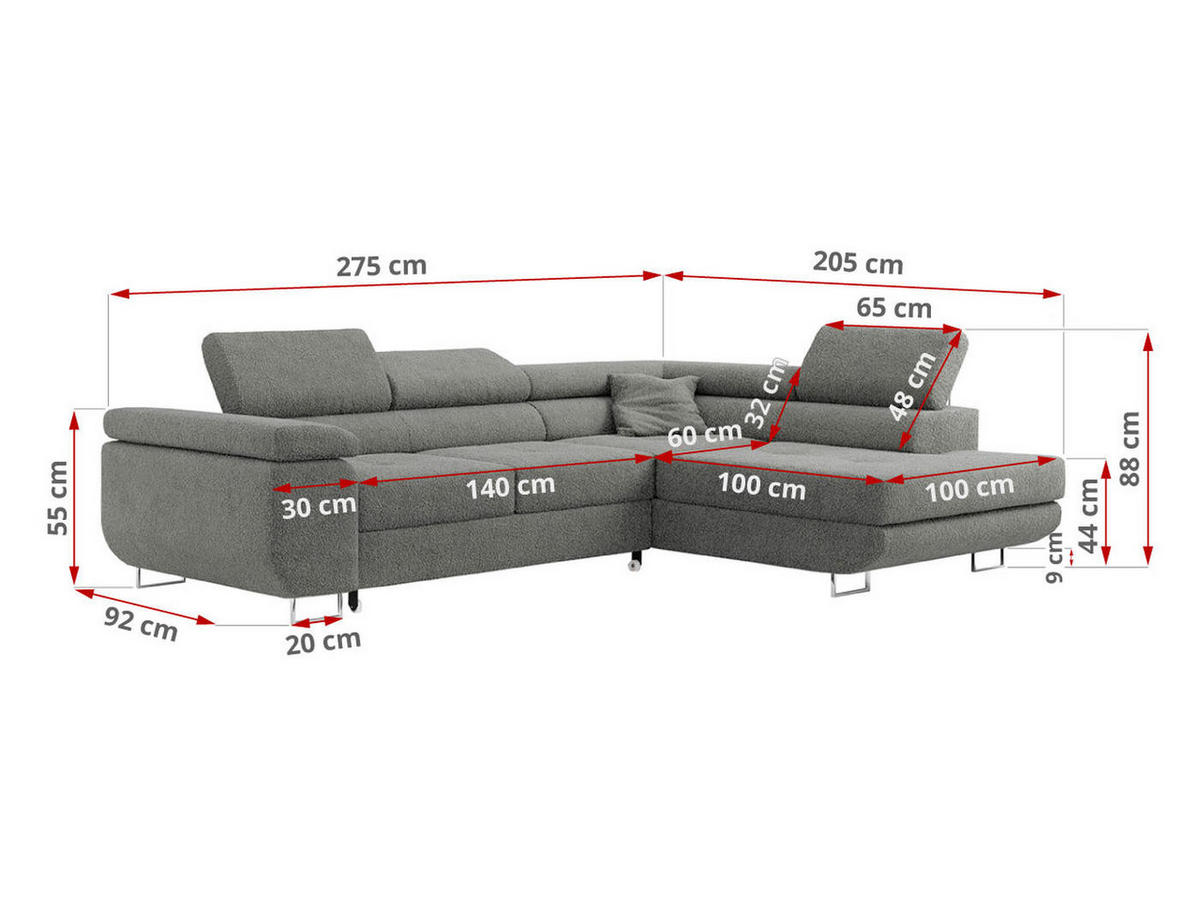 ROHOVÁ SEDAČKA GUSTAW L - Šedá Bouclé - Levá Strana - šedá/stříbrná, kov/textil (275/205cm) - MKS