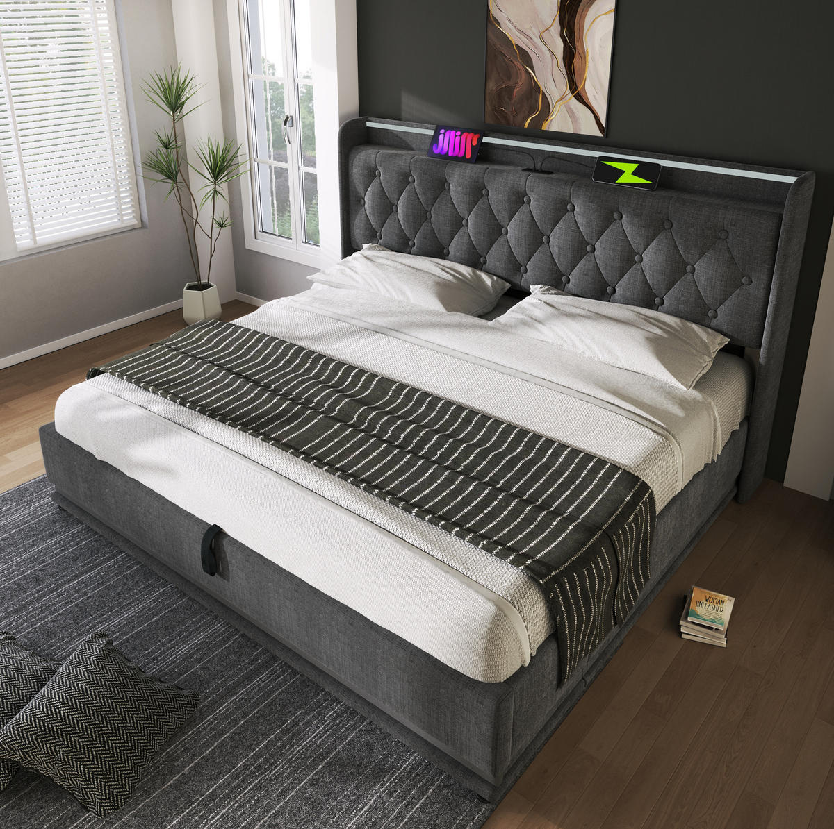 POLSTERBETT mit LED-Beleuchtung 140/200 cm in Grau mit Bettkasten & USB-C - Grau, Textil (140/200cm) - BEAOK