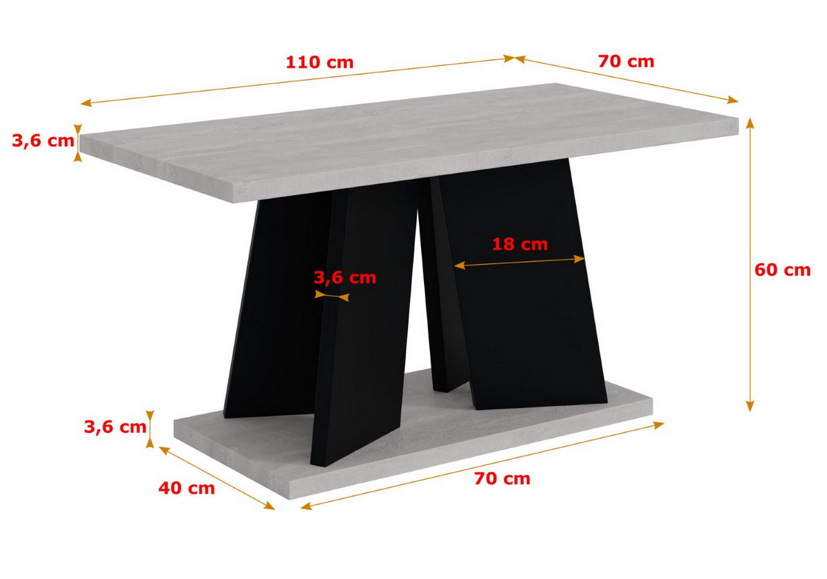 KAFFEETISCH 110x70x60 cm - Betonoptik K350 / Schwarz - UFOM - Grau, Holzwerkstoff (110/70/60cm) - ALTDECOR