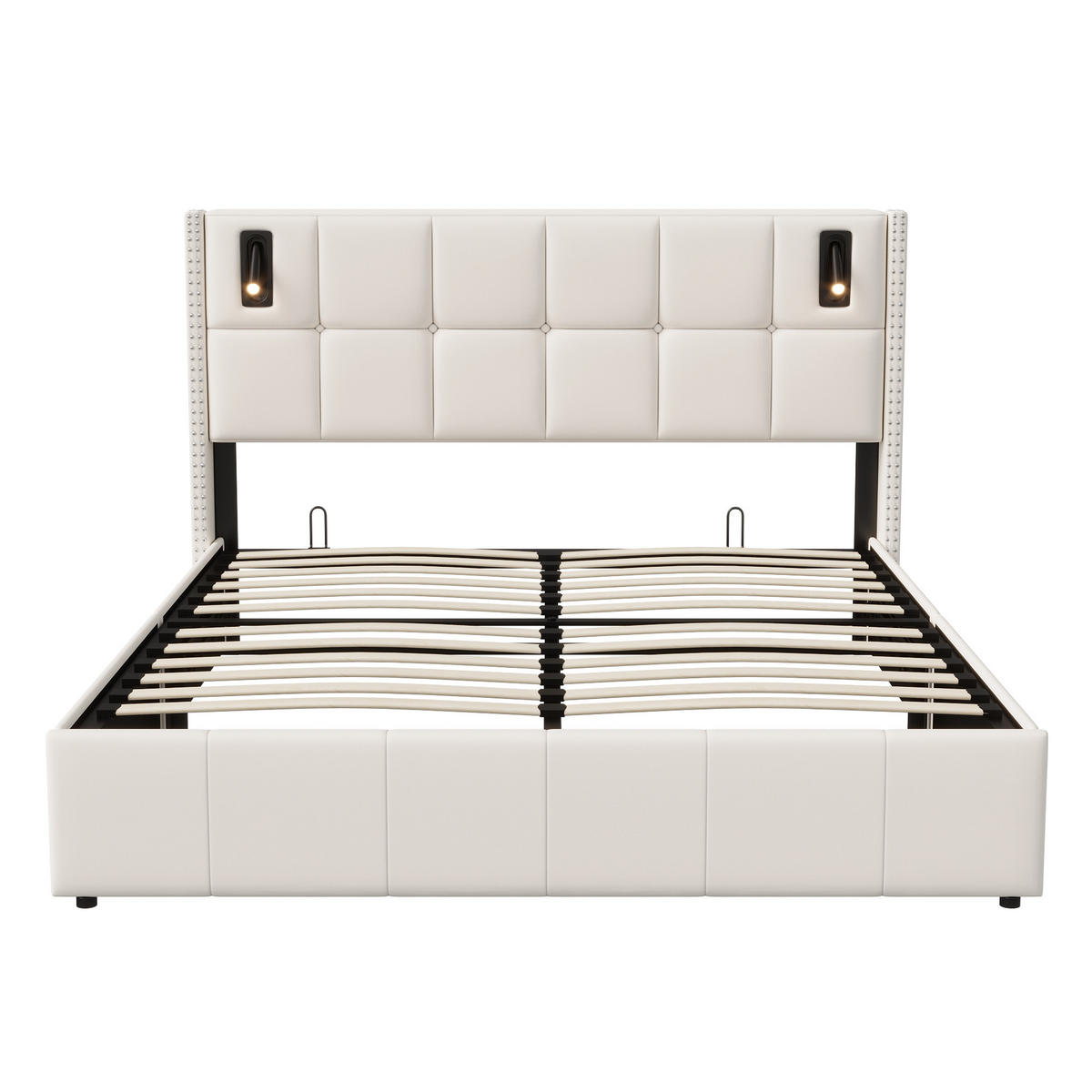 DOPPELBETT 160x200 cm mit Stauraum und Leselampe, Polsterbett mit Lattenrost, Bett für Erwachsene - Beige, Holz/Metall (160/200cm) - PARAFTA HOME