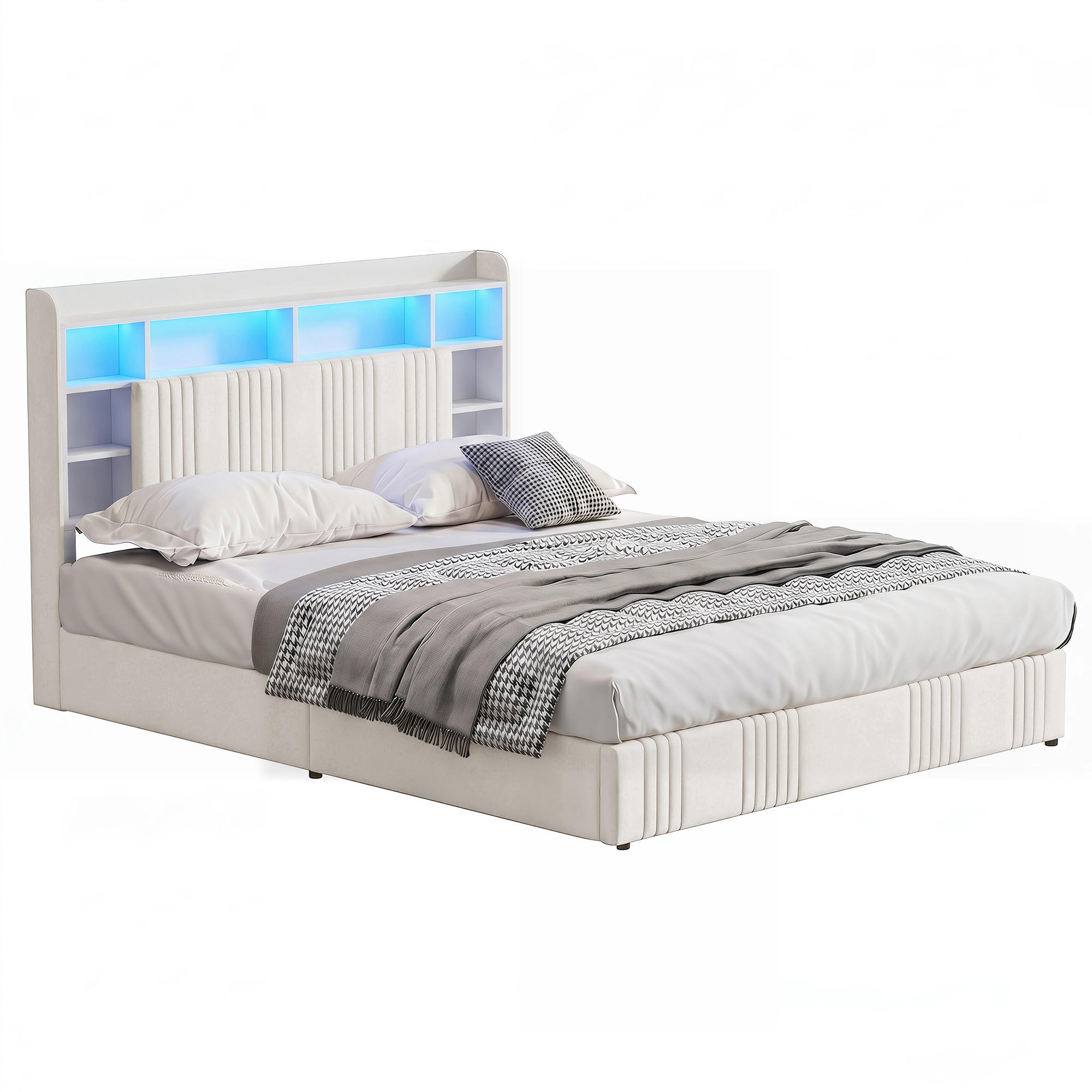 ČALOUNĚNÁ postel 140x200 cm béžová s LED osvětlením, bed boxem a nabíjecí stanicí USB-C