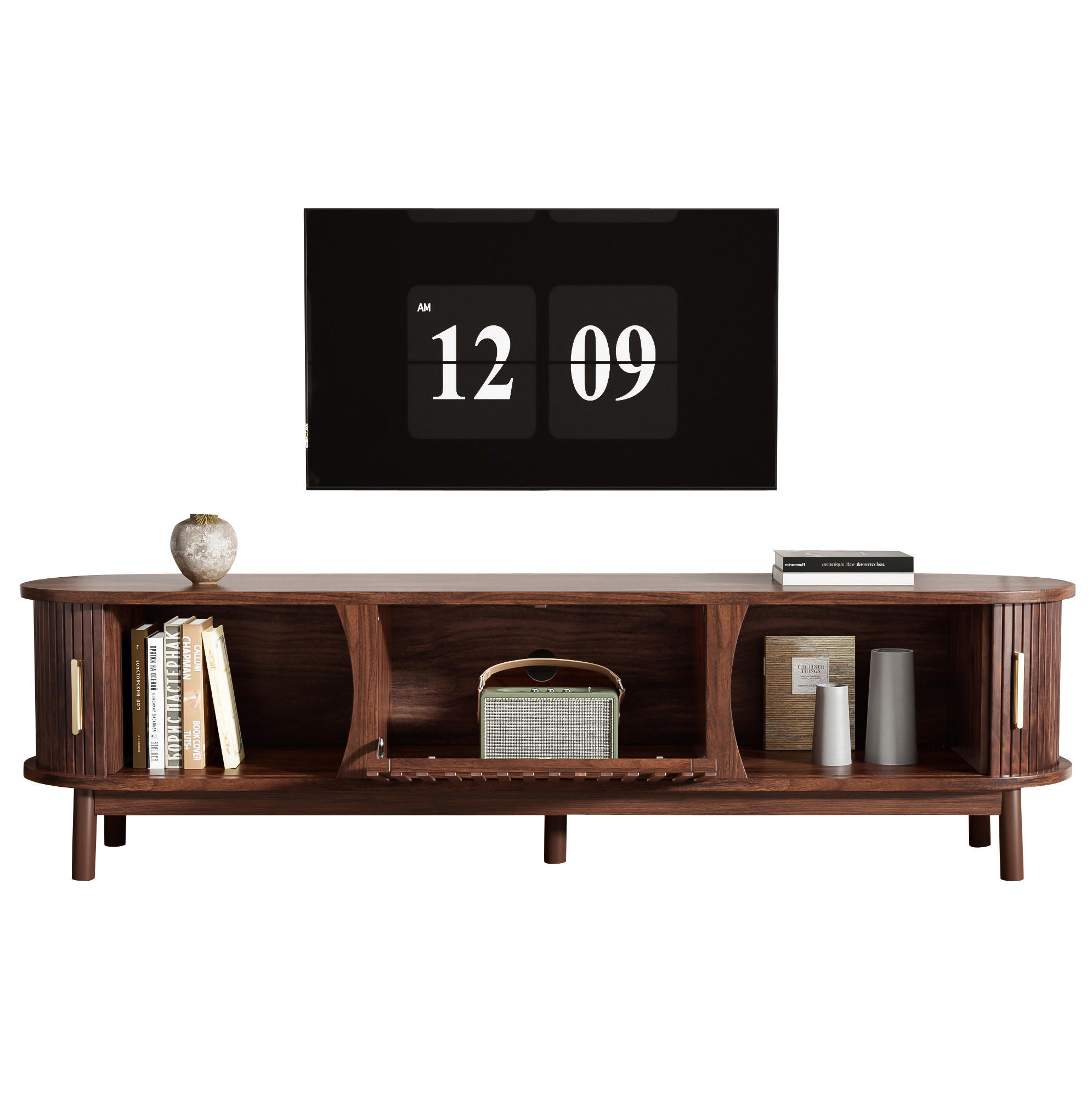 TV komoda, 165/39,5/46 cm, MDF hnedá, s posuvnými a výklopnými dvierkami - hnedá, kompozitné drevo (165/46/39.5cm) - BEAOK