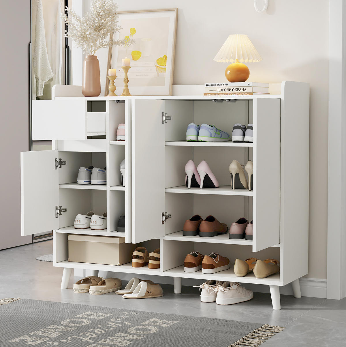 SCHUHSCHRANK aus Spanplatte 120x35x99cm in Weiß mit Schublade - Weiß, Holzwerkstoff (120/99/35cm) - Modfu