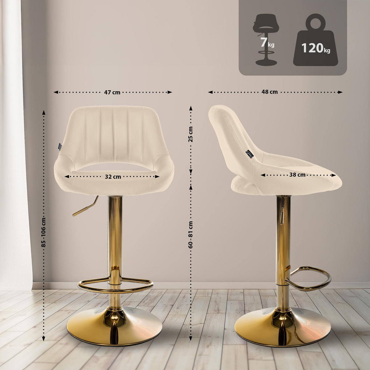 BARHOCKER Lederlook Creme - Goldfarben/Creme, Textil/Metall (47/85/48cm) - CLP