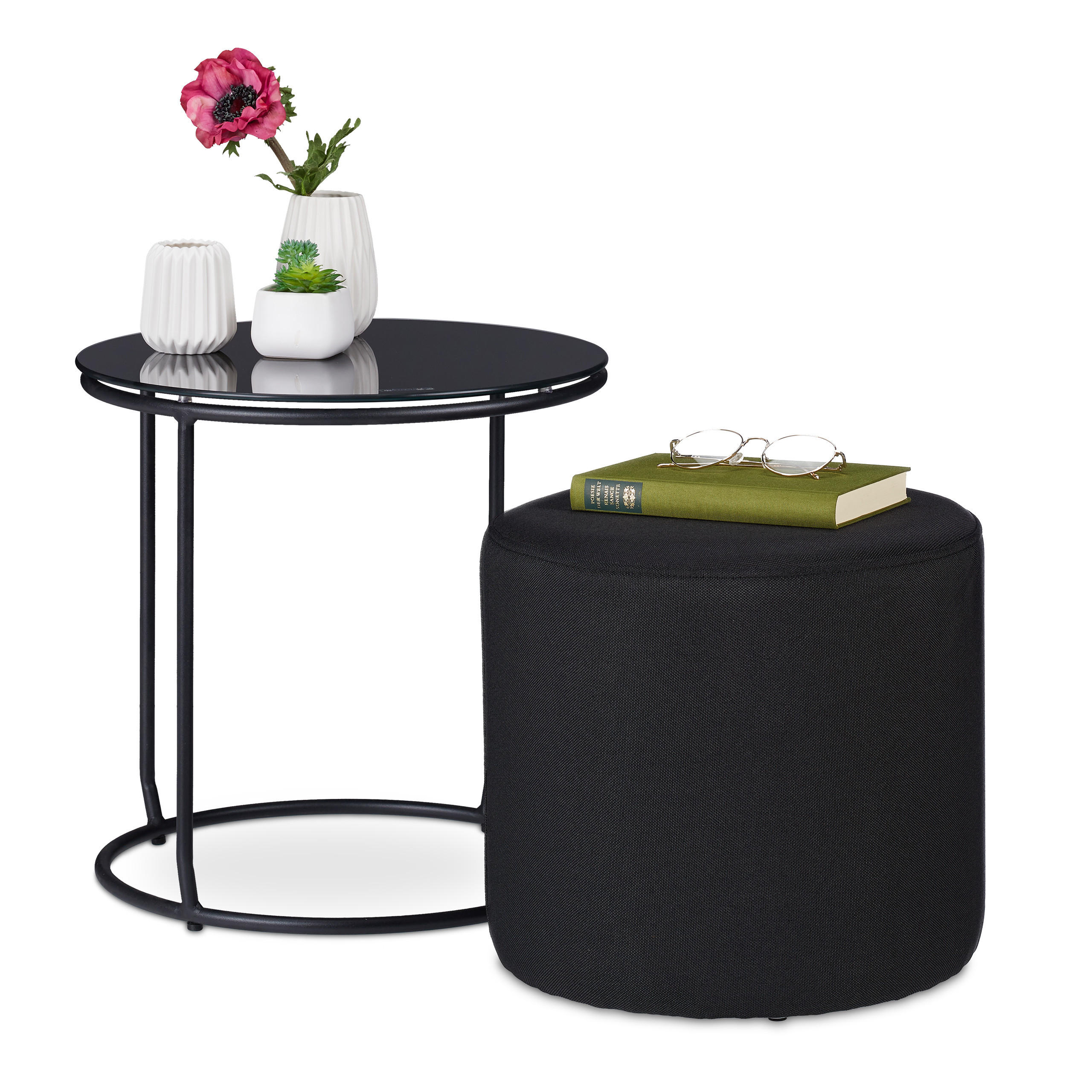 BEISTELLTISCH mit Hocker - Schwarz, Glas/Textil (40/40/40cm) - Relaxdays