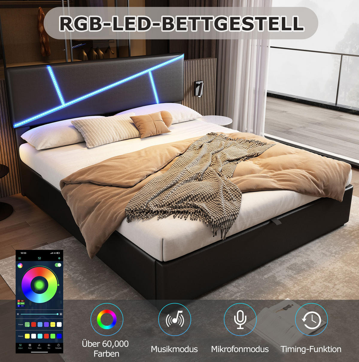 POLSTERBETT mit LED-Beleuchtung 140/200 cm mit Bettkasten und gepolstertem Kopfteil - Schwarz, Kunststoff (140/200cm) - BEAOK