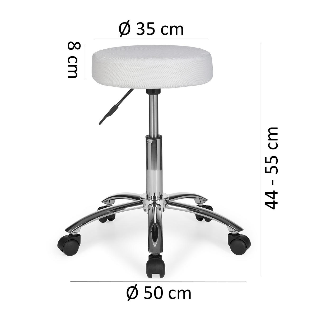 ROLLHOCKER gepolstert, 360° drehbar, ergonomisch bis 100 kg ARNO, Weiß 55x55x70 cm - Silberfarben/Weiß, Textil/Metall (55/70/55cm) - KADIMA DESIGN
