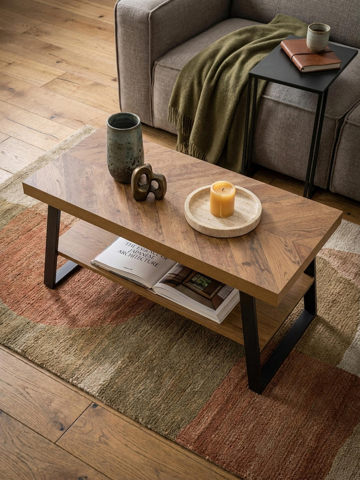 COUCHTISCH Braun Fischgrät-Muster 100x40x41cm mit Ablage und Metallgestell - Schwarz/Braun, Holz/Metall (40/100/41cm) - KADIMA DESIGN