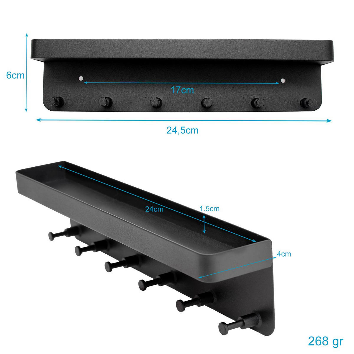 SCHLÜSSELBRETT mit Ablage Selbstklebend 24.5/6 cm - Schwarz, Kunststoff (6/4.7/24.5cm) - Intirilife
