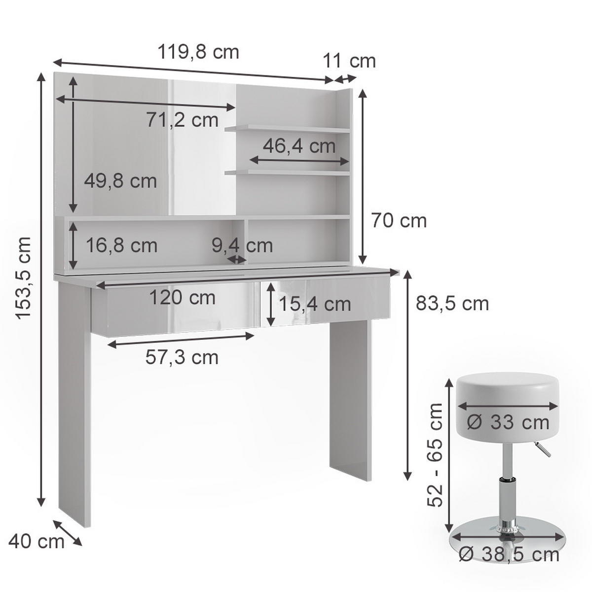 SCHMINKTISCH Azur Weiß 120 cm mit Hocker - Weiß Hochglanz/Weiß, Holzwerkstoff (120/83.5/40cm) - Vicco