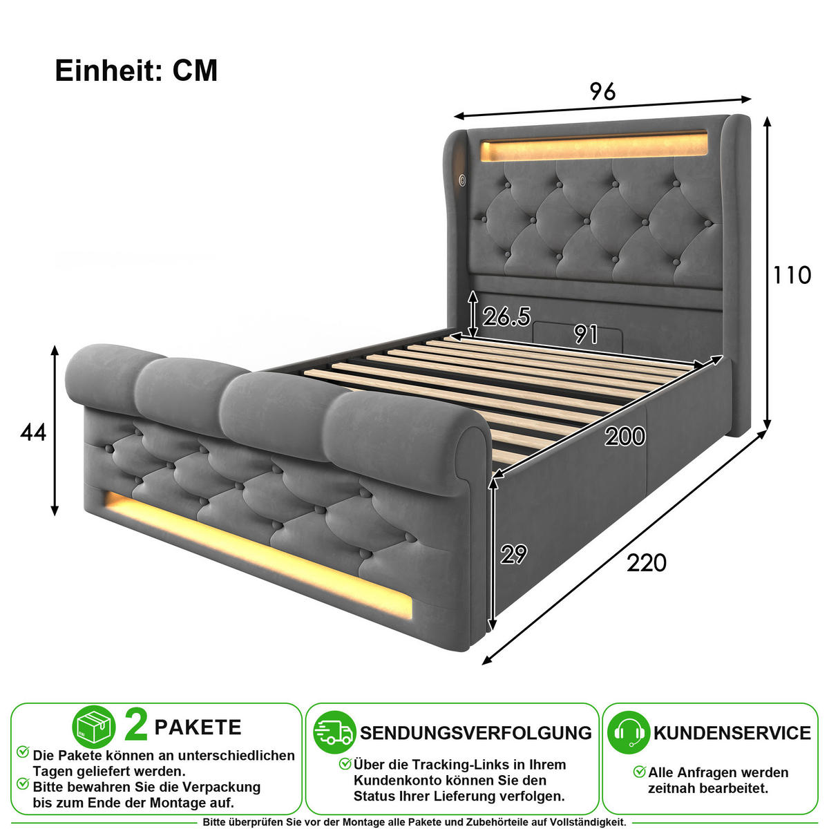 ČALOUNĚNÁ POSTEL 90/200 cm v šedé barvě ze sametu s LED, USB a Type-C - šedá, kov/kompozitní dřevo (90/200cm) - CHICFURN