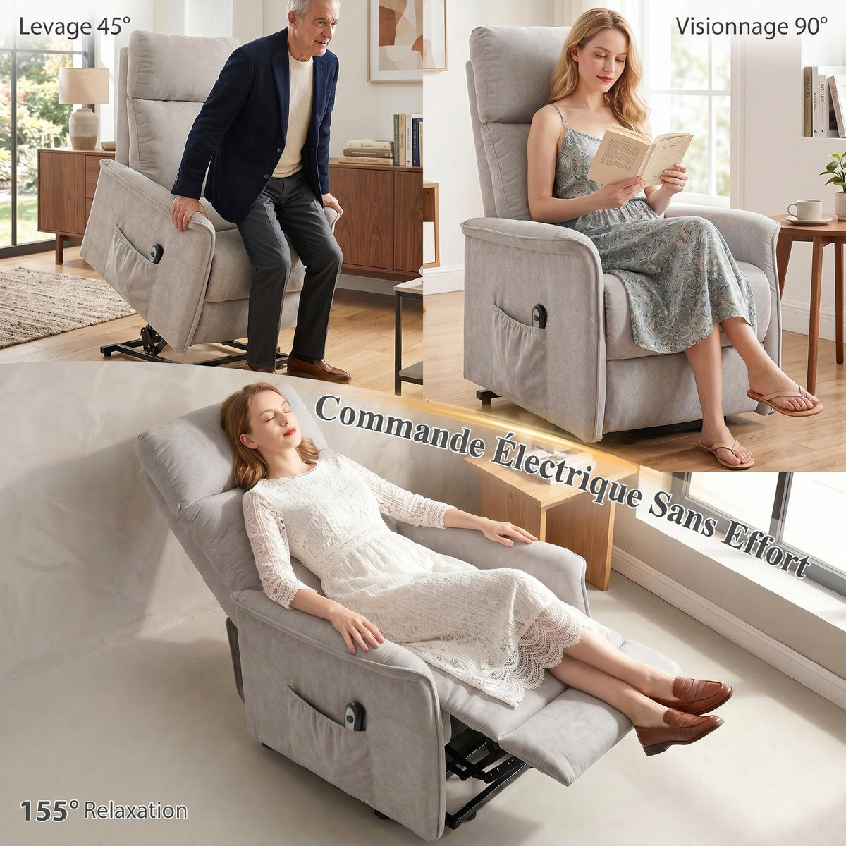 RELAXSESSEL,ELEKTRISCH Chenille Federkernkissen verstellbare Lehne,grau - Grau, Textil (69/106/91cm) - Vallsero