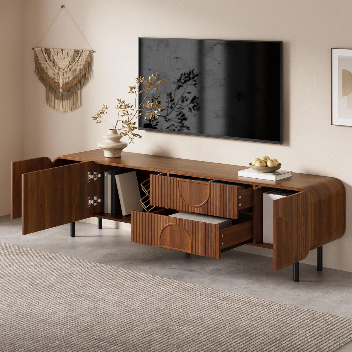 TV-LOWBOARD 180 x 40 x 47,5 cm aus MDF/Spanplatte, 3 Türen, 2 Schubladen, Metallfüße, Walnuss - Walnussfarben, Holzwerkstoff (180/47/40cm)