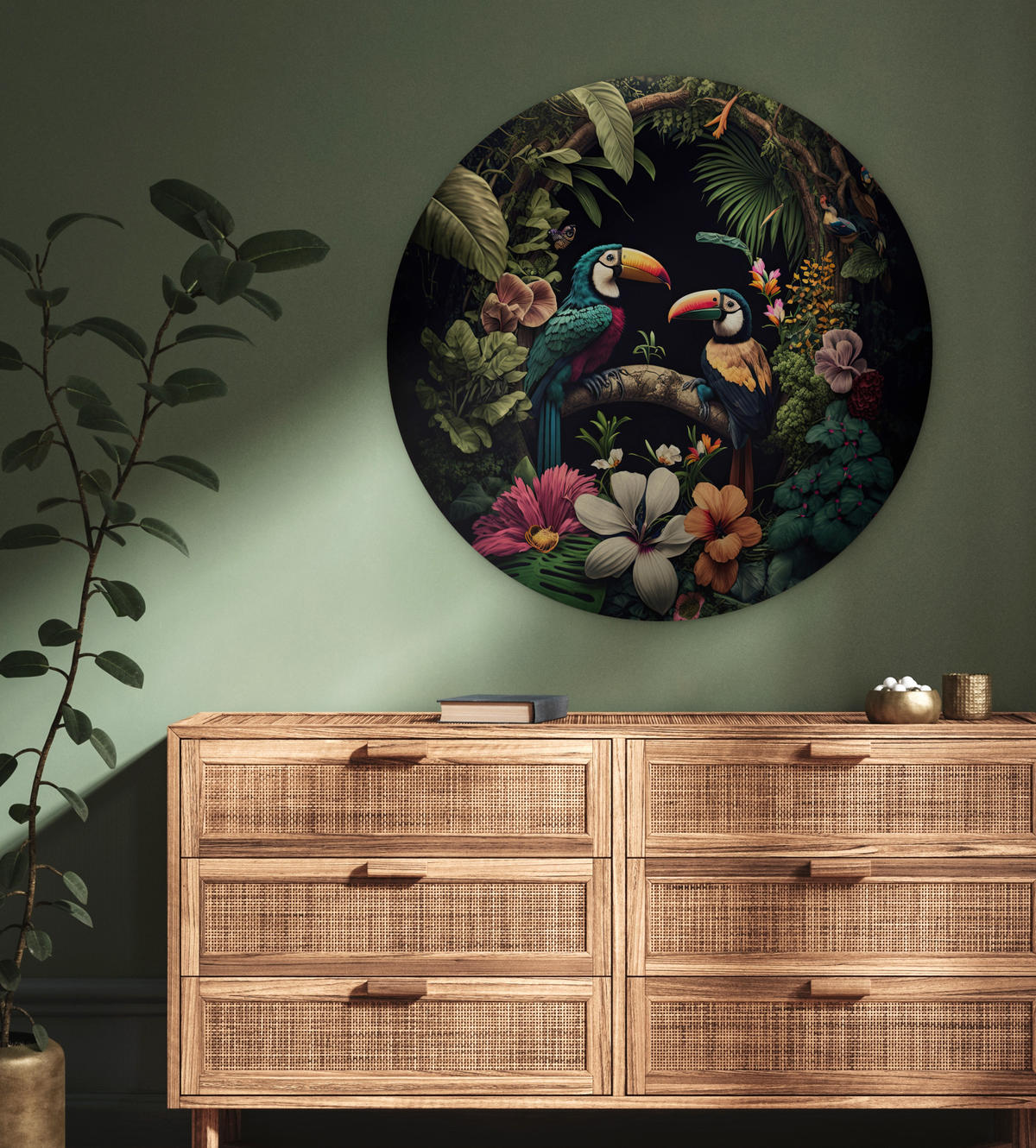 WANDBILD Vogel - Blumen - Pflanzen - Dschungel - Schwarz - Tukan 90x90 cm - Smaragdgrün, Kunststoff (90/90cm) - MuchoWow