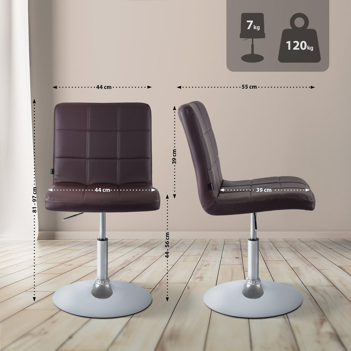 DREHSTUHL Lederlook Braun - Chromfarben/Braun, Textil/Metall (44/81/55cm) - CLP