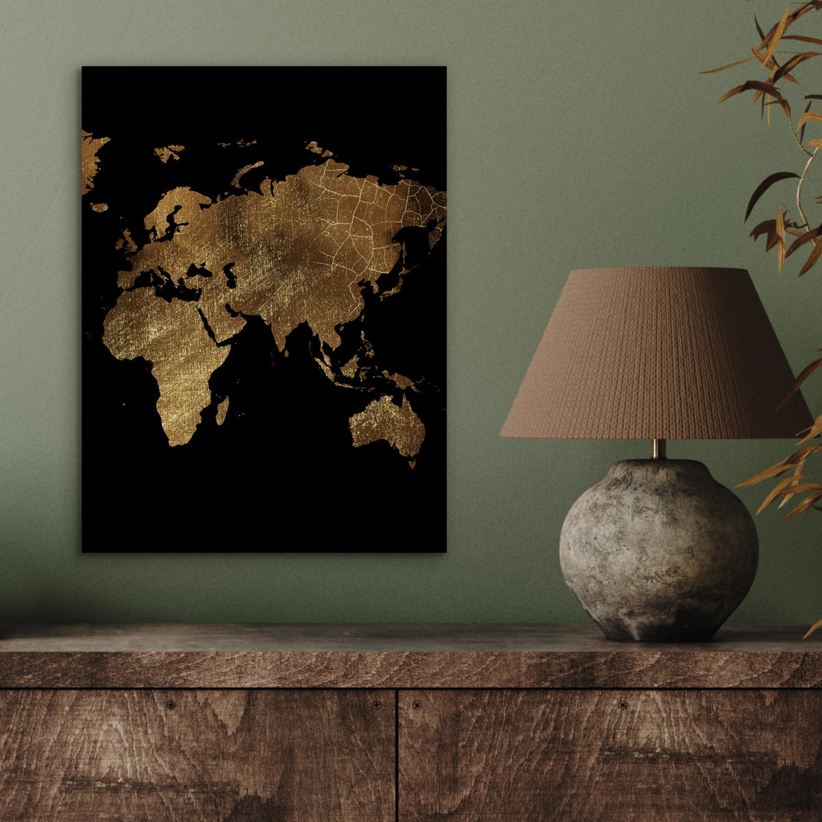 KOVOVÝ OBRAZ Mapa sveta - Zlato - Luxus - Zem - Čierna 30x40 cm - zlatá, kov (30/40cm) - MuchoWow