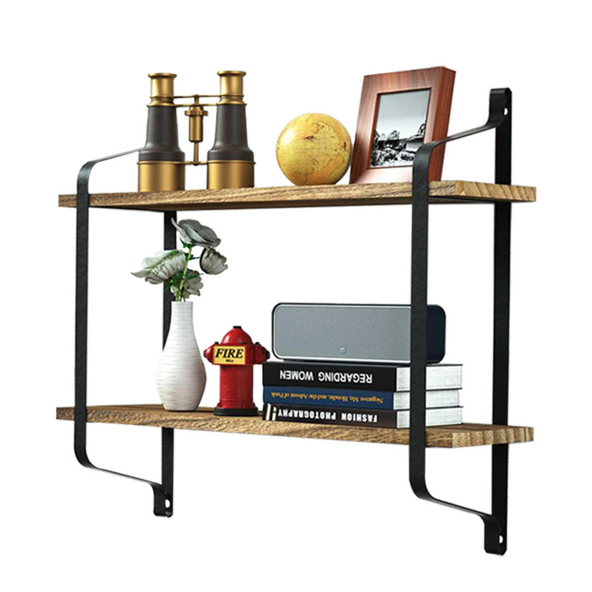 WANDREGAL 2-Stufig Wandmontage aus Metall Holz in Schwarz Braun Platzsparend Einfache Montage 60 x 15 x 51,5 cm - Schwarz/Braun, Holz/Metall (60/51.5/15cm) - Livingandhome