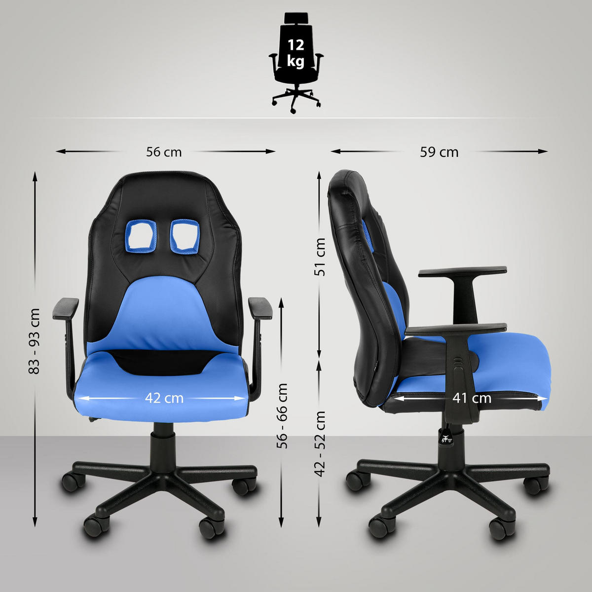 JUGENDDREHSTUHL Lederlook Schwarz/Blau - Blau/Schwarz, Kunststoff/Textil (56/83/59cm) - CLP