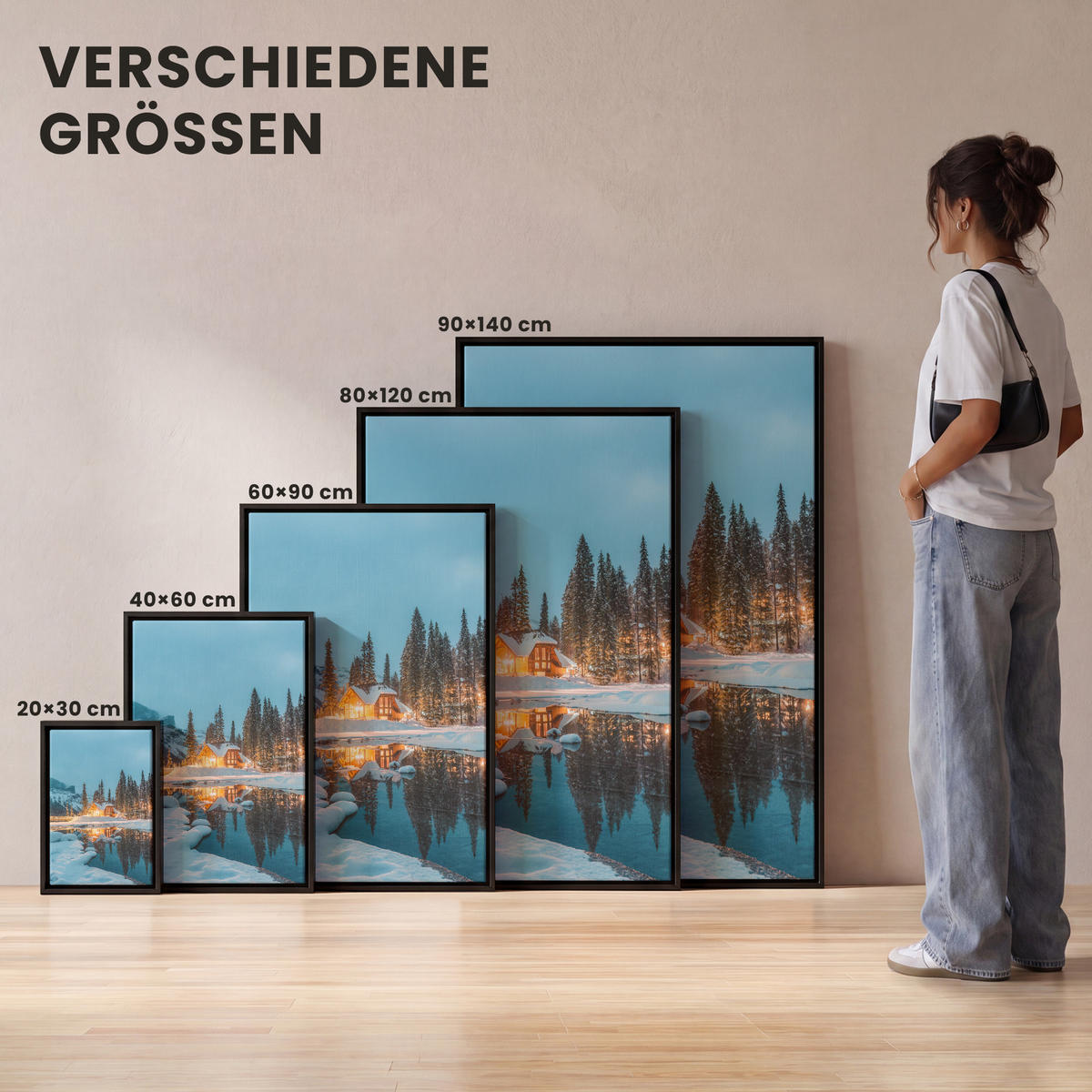 LEINWAND Bilder mit Rahmen - Winterlandschaft - Natur - Haus - Berge - Schnee - 100x150 - Hellblau, Textil (100/150cm) - MuchoWow