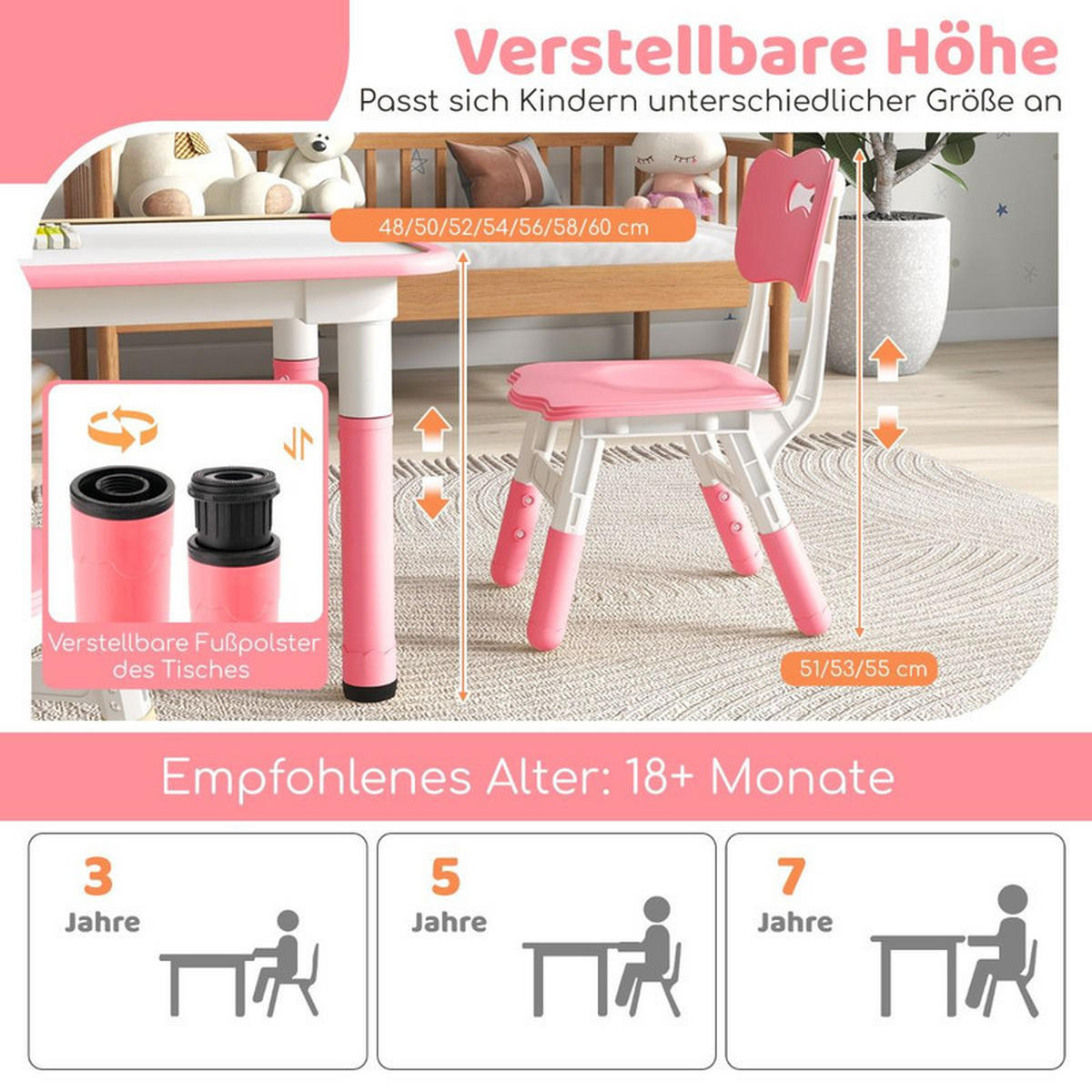 KINDERTISCH mit 4 Stühlen rosa(5-tlg) - Pink, Kunststoff (120/60/60cm) - COSTWAY
