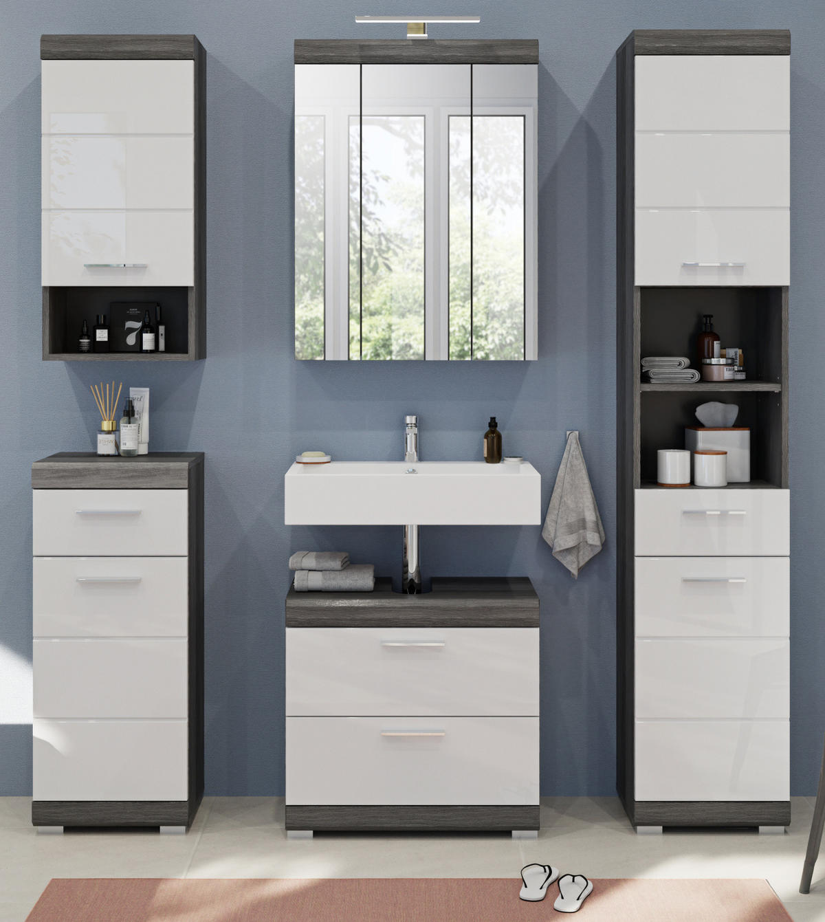 BADMÖBEL-SET weiß Hochglanz, grau 5-teilig 164 cm, Komplettset mit 20 Fächern - Weiß Hochglanz/Grau, Holzwerkstoff (164/191/34cm) - Inn.Furn