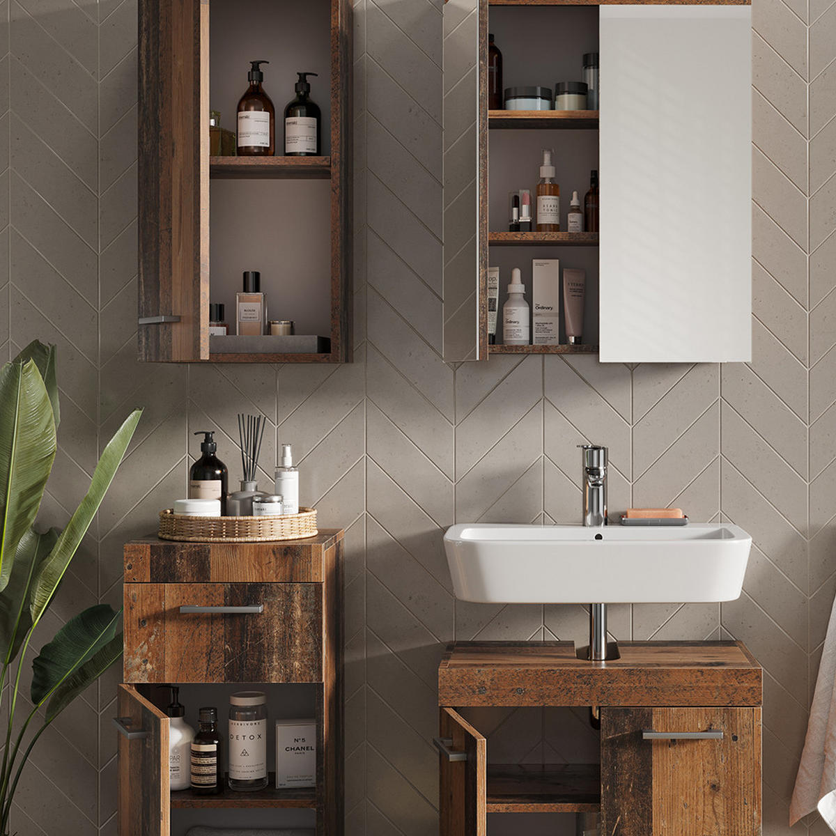 BADMÖBEL-SET Luna Oldstyle 4 Teile - Braun, Holzwerkstoff (60/56/34cm) - Vicco