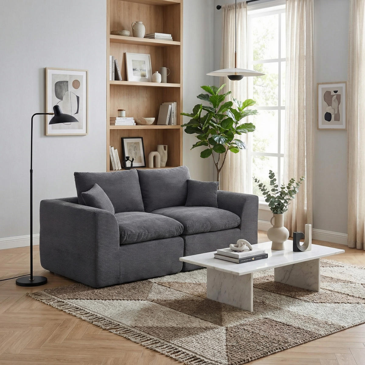2-SITZER-SOFA XXL aus Cord mit Federkern-Polsterung Montagefrei - Dunkelgrau, Textil (204/84/102cm) - Urban Meuble