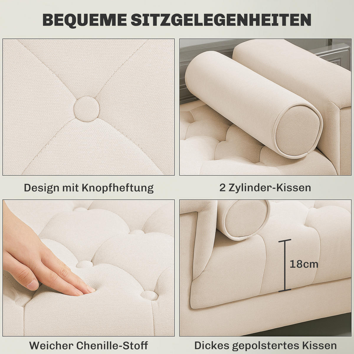 SITZBANK Polsterbank mit Chenille-Bezug, Armlehne, Holzrahmen 115x44x58 cm Beige - Beige, Textil (44/58/115cm) - HOMCOM