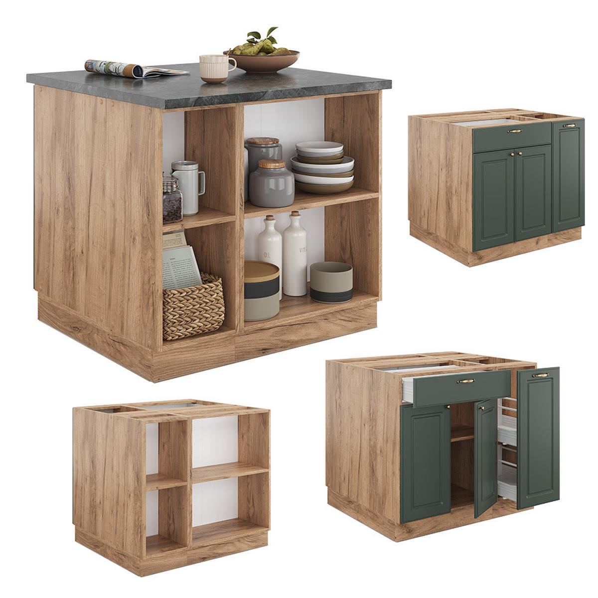 KÜCHENINSEL Fame-Line Grün-Gold Landhaus/Goldkraft Eiche 90 cm ohne AP - Honigeiche/Grün, Holzwerkstoff (90/82/60cm) - Vicco