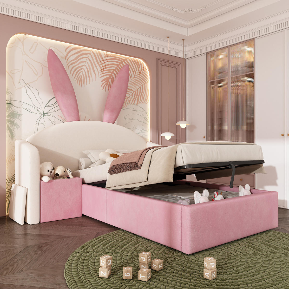JUGENDBETT 90/200 cm in Beige & Rosa mit Stauraum und Nachttisch Samt Hasenohren-Design - Beige/Rosa, Holzwerkstoff/Textil (90/190cm) - STILVORA