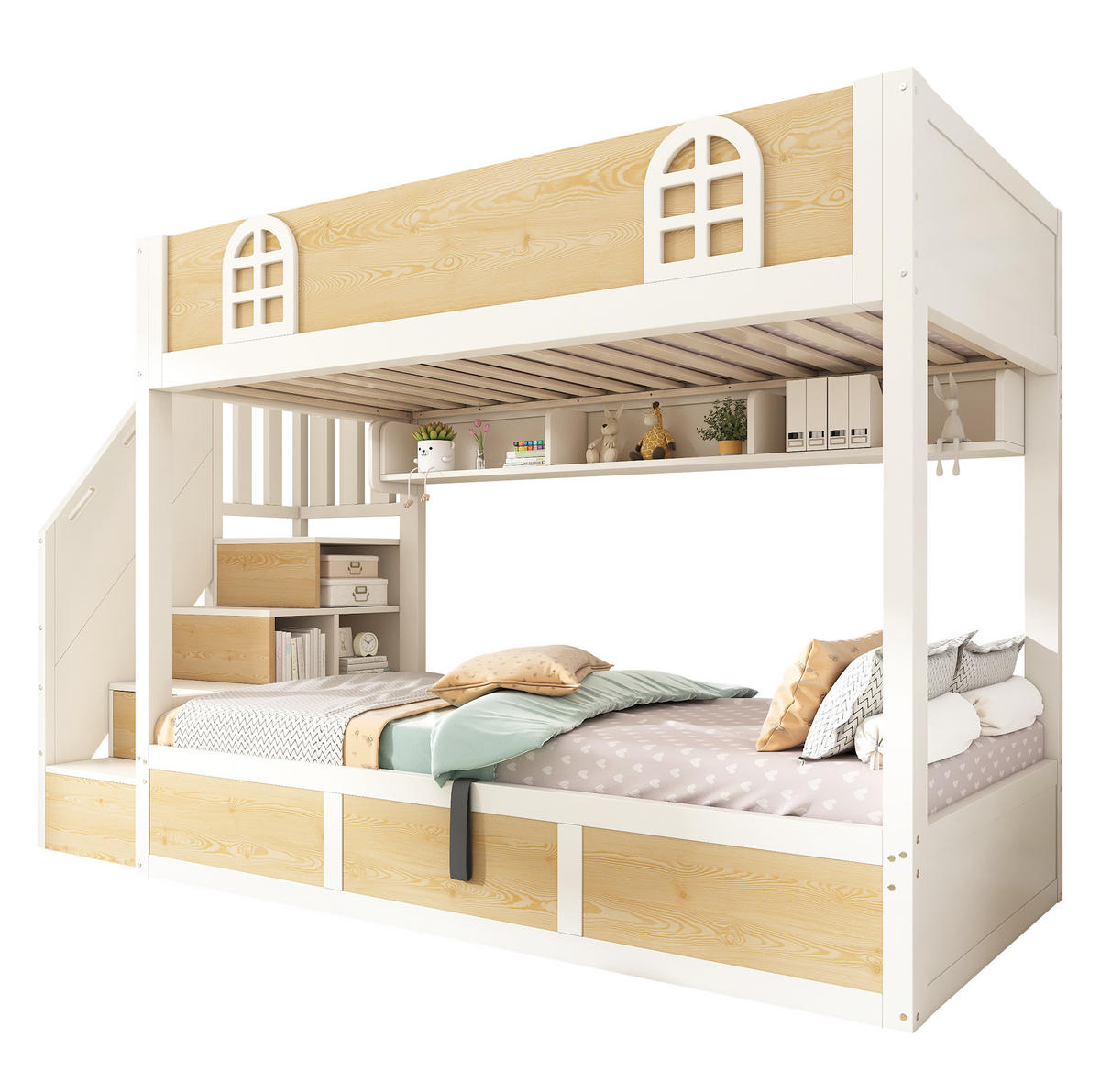 ETAGENBETT aus Holz und Metall 90x200 cm Weiß/Natur mit Treppenschrank, Bettkasten und Sicherheitsgeländer - Naturfarben, Holzwerkstoff (90/200cm) - Modfu