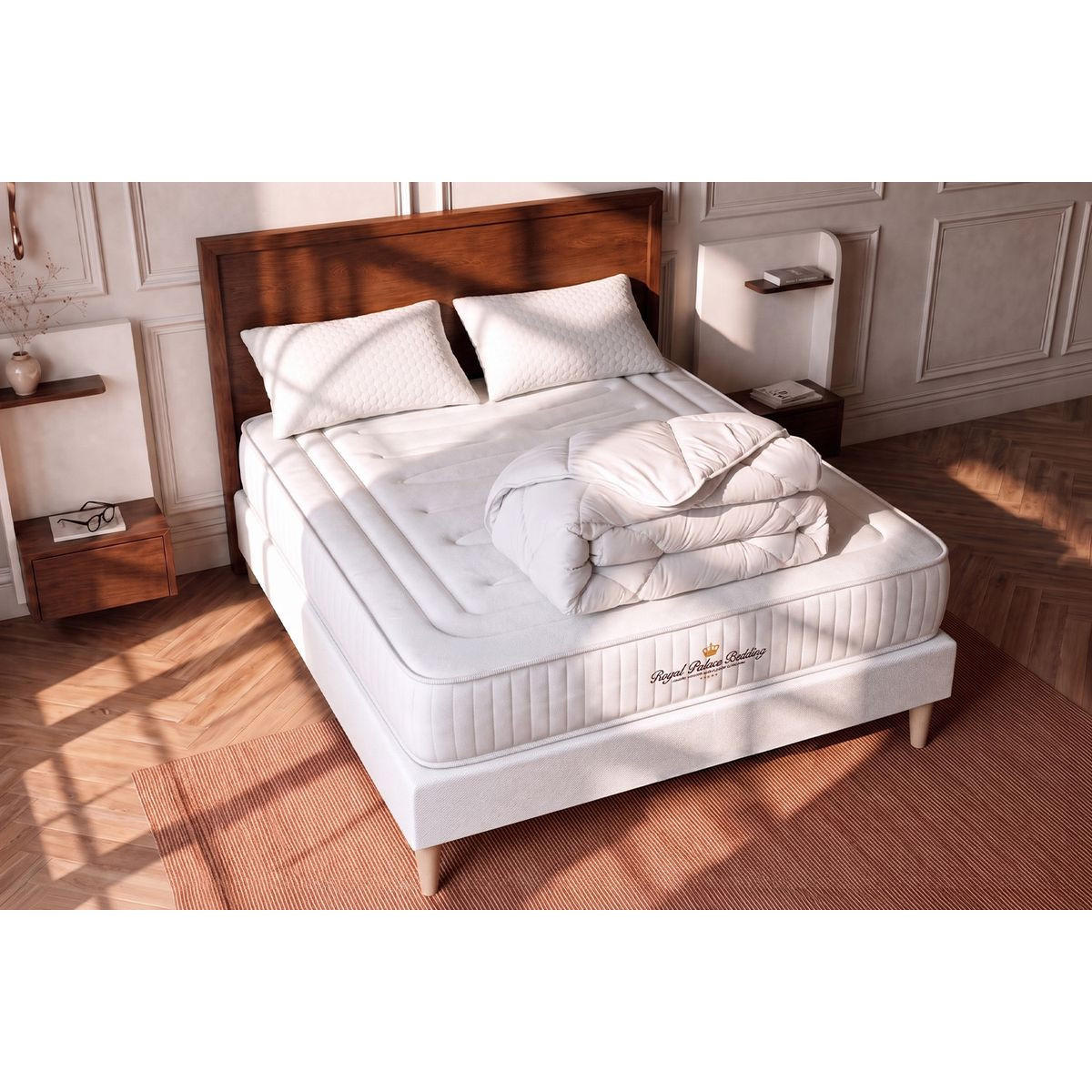 BETT Lancaster Taschenfederkern und Memory-Schaum 140 x 200 cm h3 - Kit Bettgestell Weiß - Mit Kissen und Bettdecke - Beige/Weiß, Karton/Holz (140/200cm) - ROYAL PALACE BEDDING