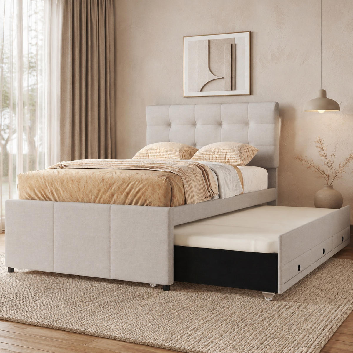 POLSTERBETT 90/200 mit Ausziehbett, drei Schubladen und verstellbarem Kopfteil in Beige - Beige, Holzwerkstoff/Textil (90/200cm) - EVRYAE