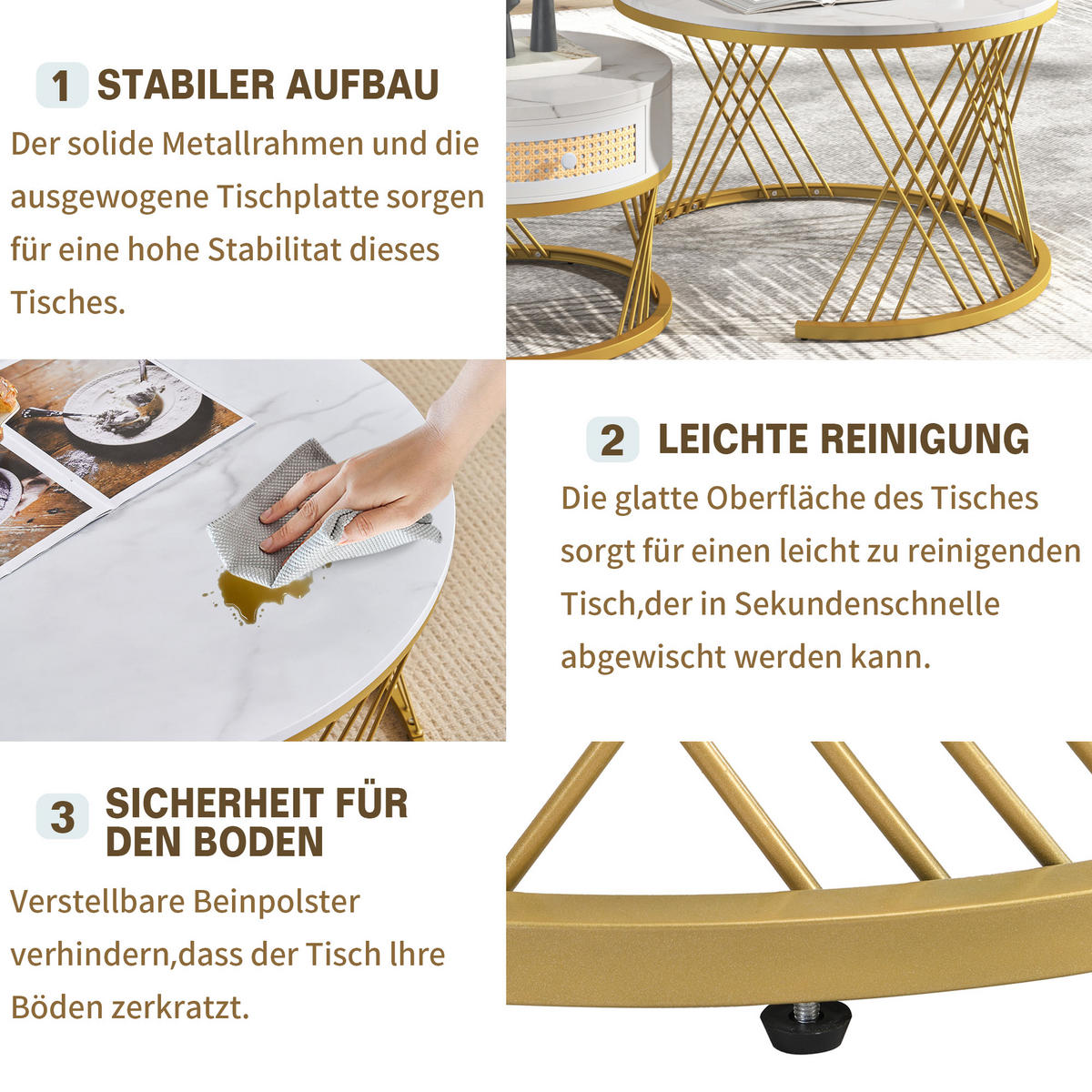 COUCHTISCH-SET in Weiß und Gold mit Schubladen und Marmoroptik für Wohnzimmer, B70/T70/H45,5 cm - Goldfarben/Weiß, Holzwerkstoff/Metall (70/70/45.5cm) - STILVORA