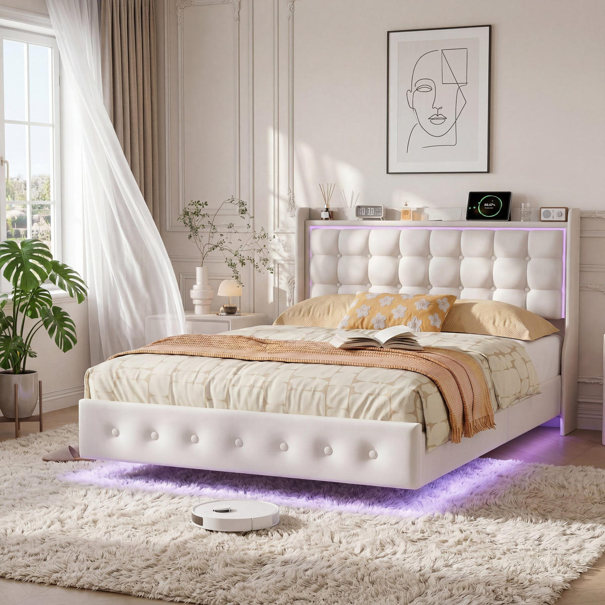 KLÄDD säng 160/200 cm beige sammet med förvaringsutrymme LED USB - Beige, Trä - SHOPENTRA
