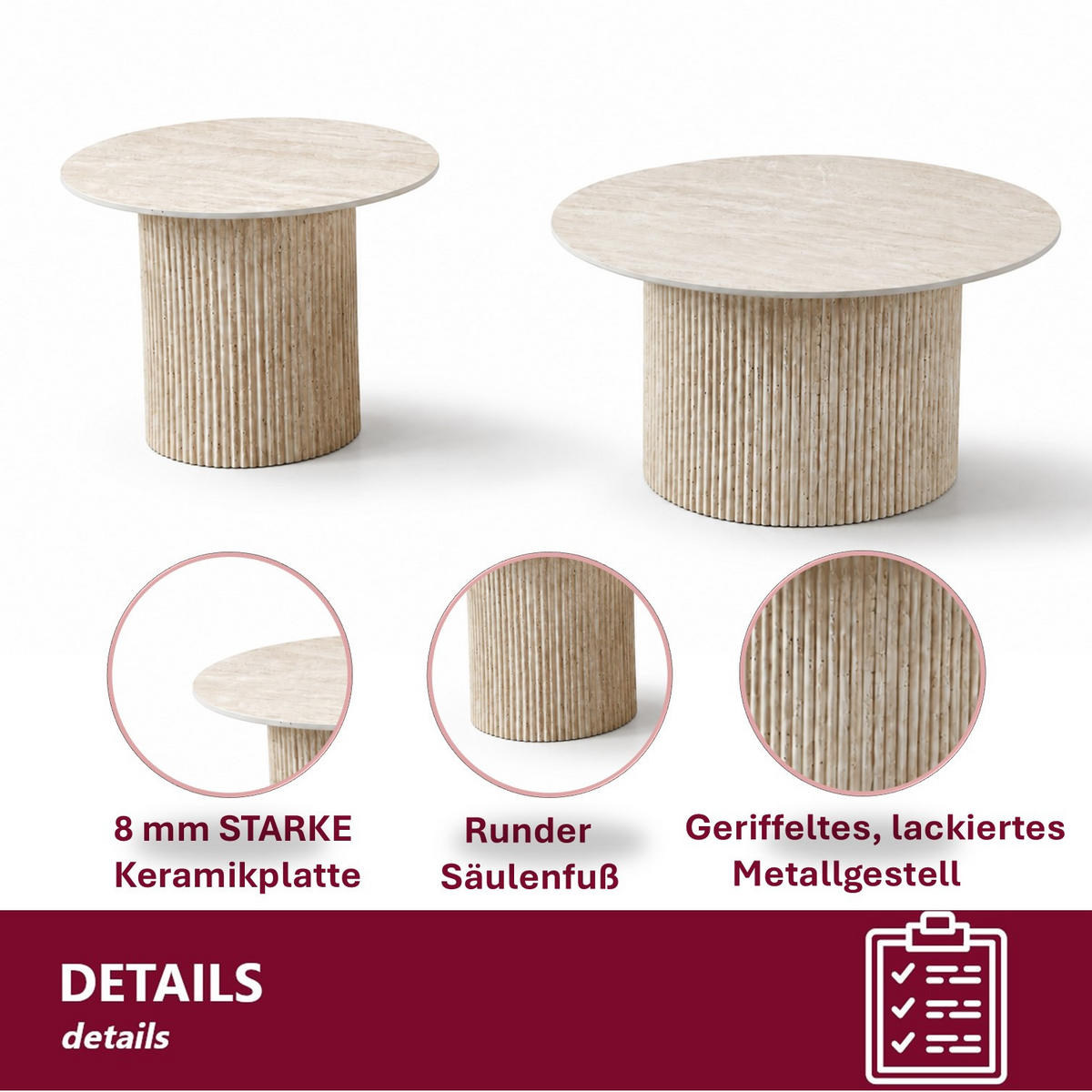 COUCHTISCH-SET Keramik rund 2-tlg. Trommelgestell Travertin-Optik 80 & 60 cm - Sandfarben/Weiß, Keramik/Metall (80/80/46cm) - HOOZ
