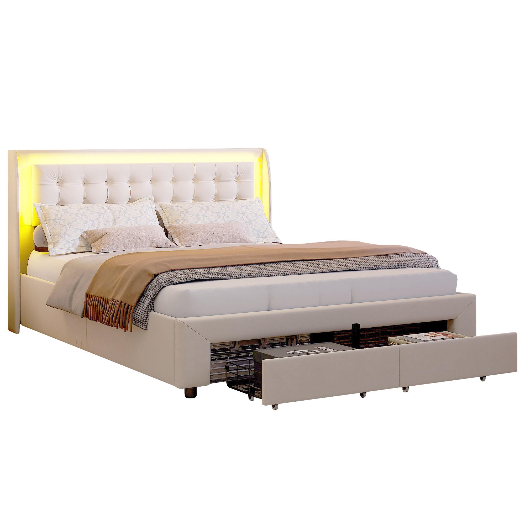 POLSTERBETT mit Stauraum 180/200 cm, mit LED, hydraulischem Stauraum, 2 Schubladen, Beige - Beige, Holzwerkstoff (180/200cm) - Brevoria