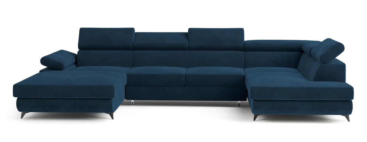 WOHNLANDSCHAFT RUBANO R-S Blau Velours-Stoff mit Schlaffunktion - Blau, Holz (339/89/190cm) - MASSENO