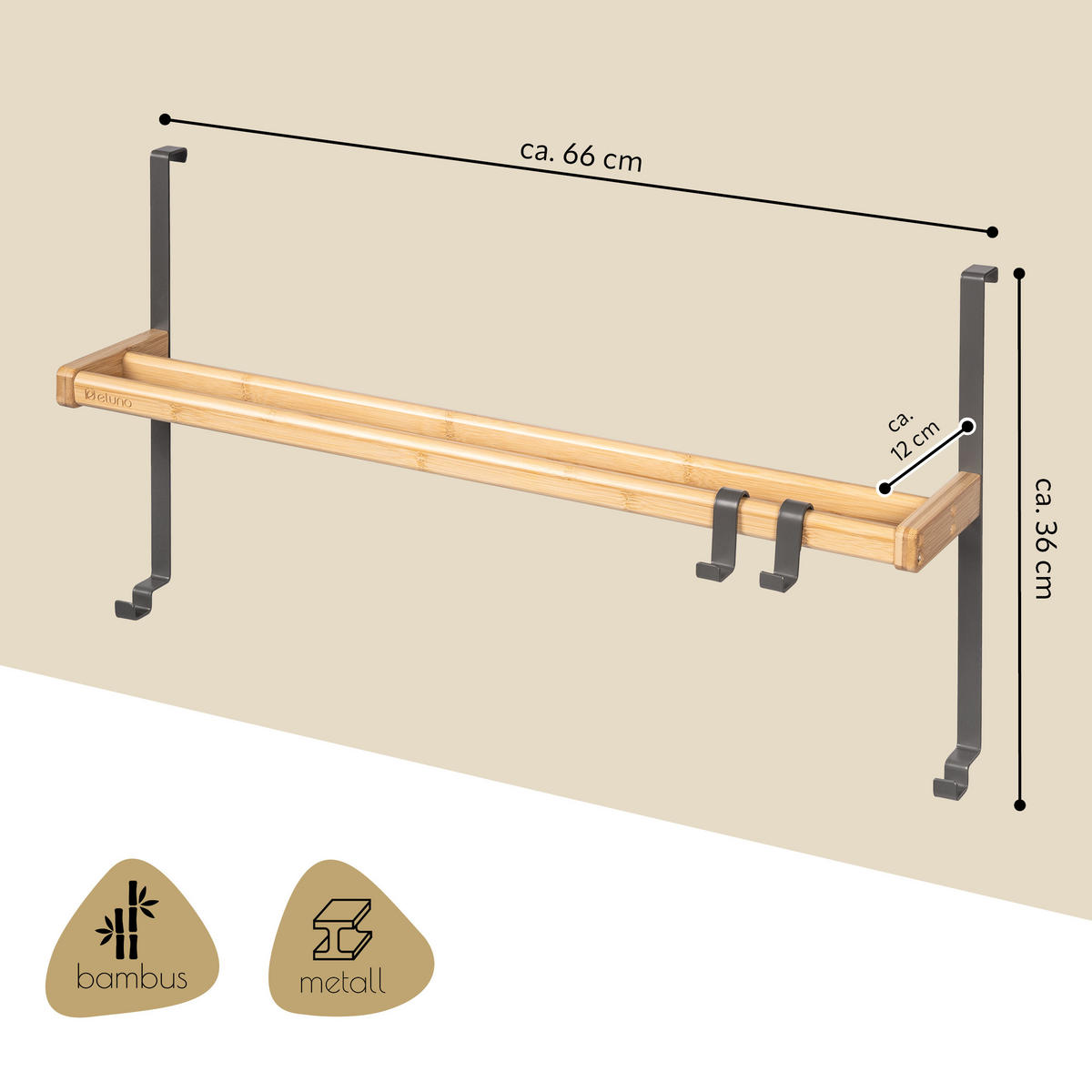 TÜR-HÄNGEREGAL, Metall, Bambus, grau - Grau, Metall (65.5/36/15cm) - eluno