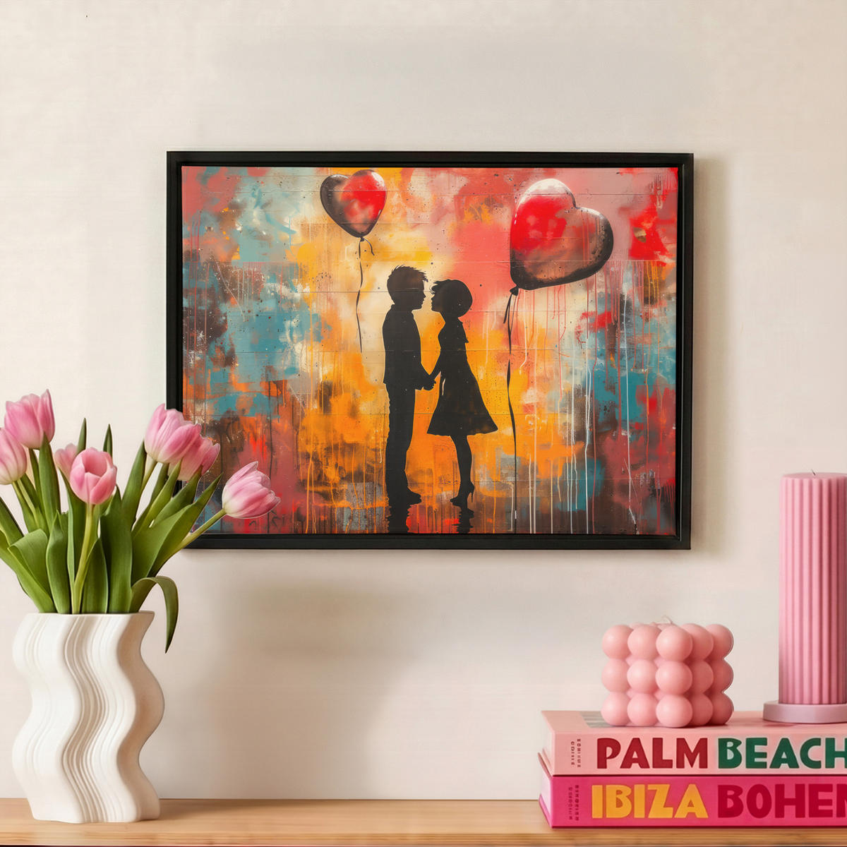 LEINWAND Bilder mit Rahmen - Straßenkunst - Liebe - Graffiti - Kunst - Banksy - 40x30 - Orange, Textil (40/30cm) - MuchoWow
